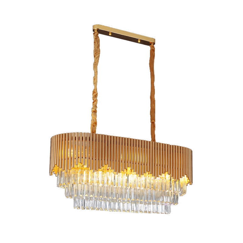 Contemporary Gold Finish Island Lighting With 8 Bulbs Faceted Crystal Blocks And Oval Hanging Design