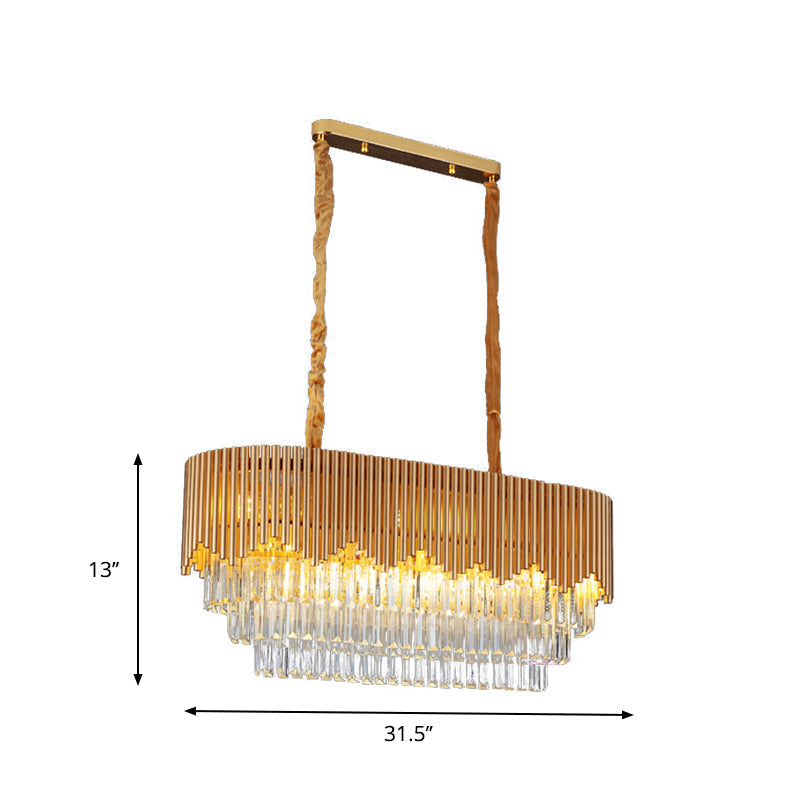 Contemporary Gold Finish Island Lighting With 8 Bulbs Faceted Crystal Blocks And Oval Hanging Design