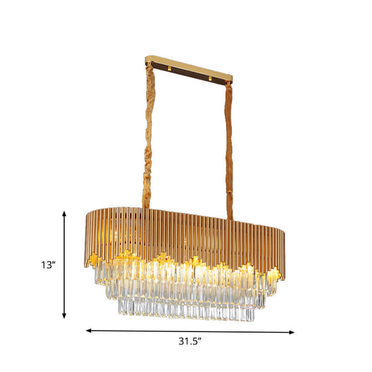 Contemporary Gold Finish Island Lighting With 8 Bulbs Faceted Crystal Blocks And Oval Hanging Design