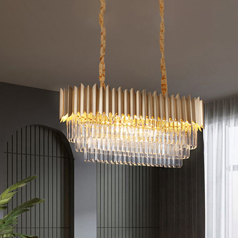 Modern Clear Crystal Prisms Pendant Lamp - Oval Shape 8 Heads Gold Finish For Dining Room And