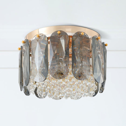 Modern Porch Ceiling Flush Light with Elliptical Clear Crystal Drum Design - 3 Bulbs Included