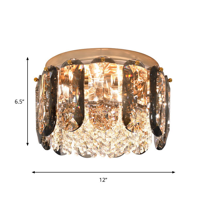 Modern Porch Ceiling Flush Light with Elliptical Clear Crystal Drum Design - 3 Bulbs Included