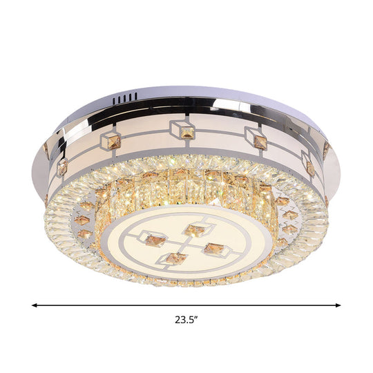 Modern Round Flush Mount LED Ceiling Lamp with Beveled Crystals in Stainless Steel