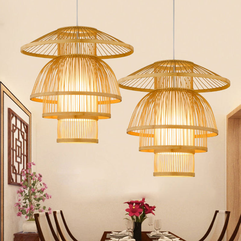 Asian Bamboo Pendant Light - Tiered Dining Room Lamp In Beige