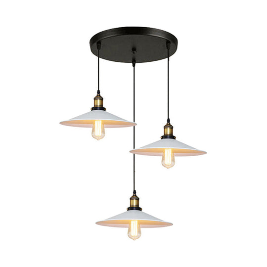 White Metal Pendant Light with 3 Industrial Saucer Hanging Ceiling Lights - Linear/Round Canopy