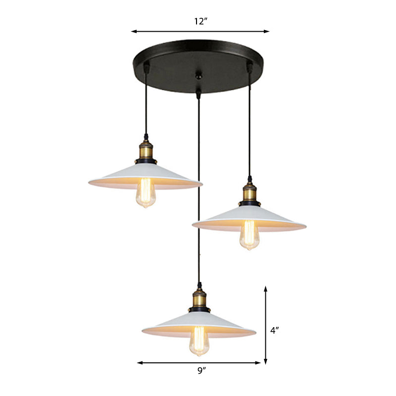 White Metal Pendant Light with 3 Industrial Saucer Hanging Ceiling Lights - Linear/Round Canopy