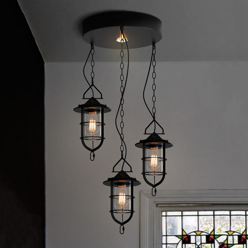 Vintage 3-Light Caged Glass Pendant Hanging Light In Black For Living Room With Round Canopy