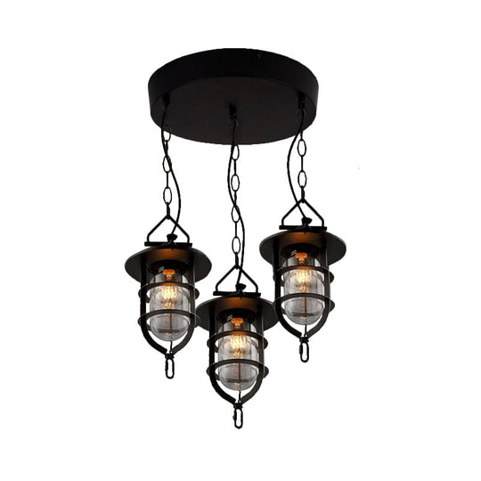 Vintage 3-Light Caged Glass Pendant Hanging Light In Black For Living Room With Round Canopy