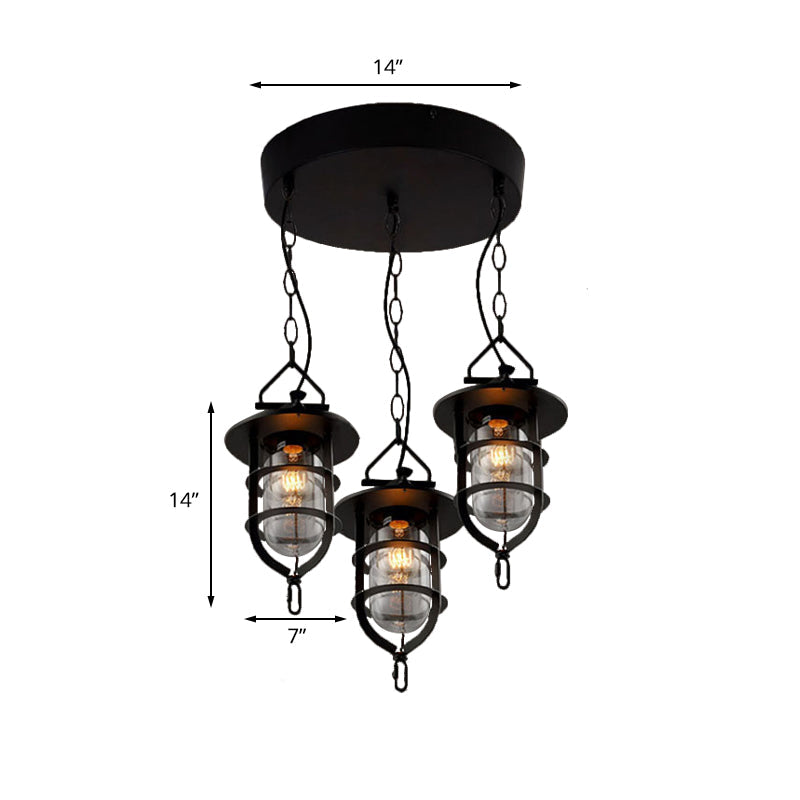 Vintage 3-Light Caged Glass Pendant Hanging Light In Black For Living Room With Round Canopy