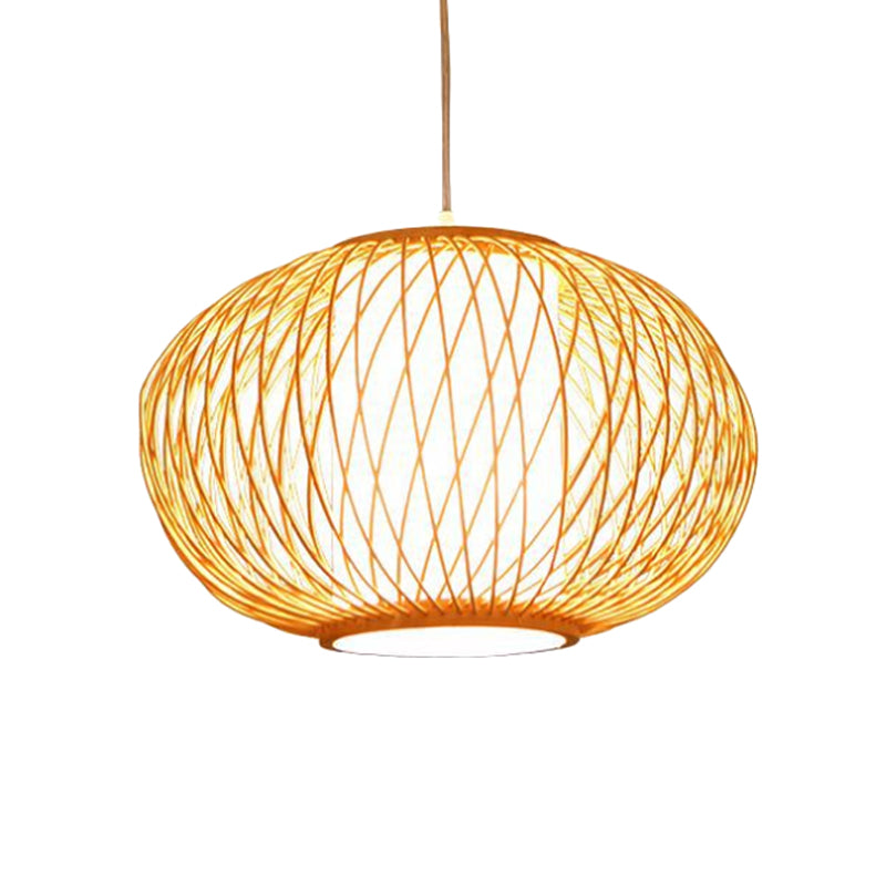 Modern Beige Hand-Knitted Hanging Bamboo Ceiling Lamp With Drum Shade - Perfect For Dining Room