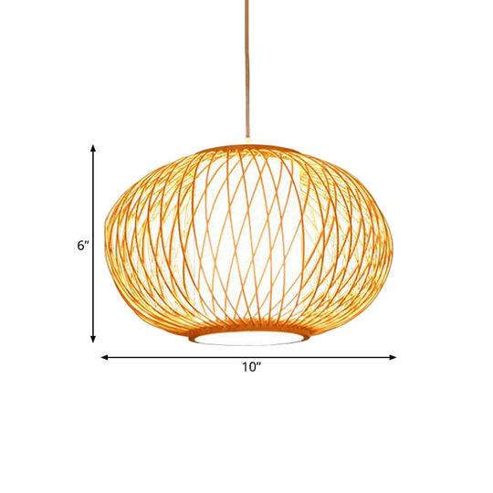 Modern Beige Hand-Knitted Hanging Bamboo Ceiling Lamp With Drum Shade - Perfect For Dining Room