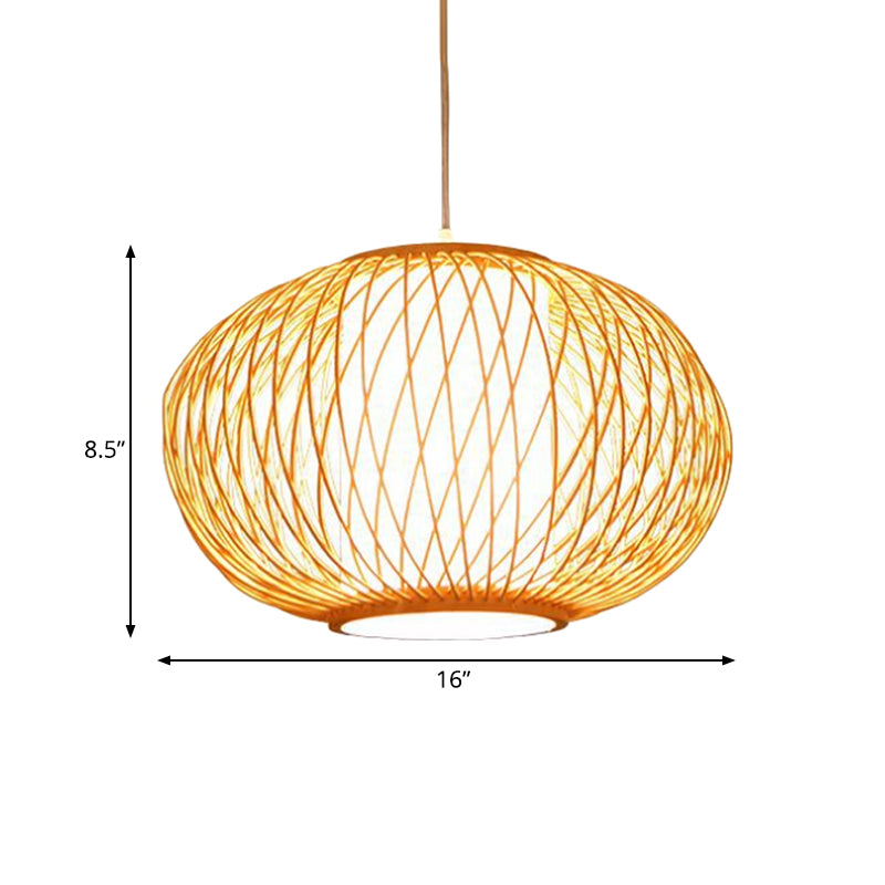 Modern Beige Hand-Knitted Hanging Bamboo Ceiling Lamp With Drum Shade - Perfect For Dining Room