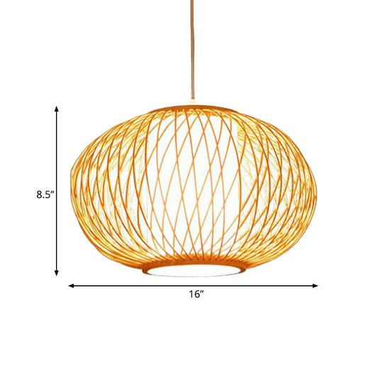 Modern Beige Hand-Knitted Hanging Bamboo Ceiling Lamp With Drum Shade - Perfect For Dining Room