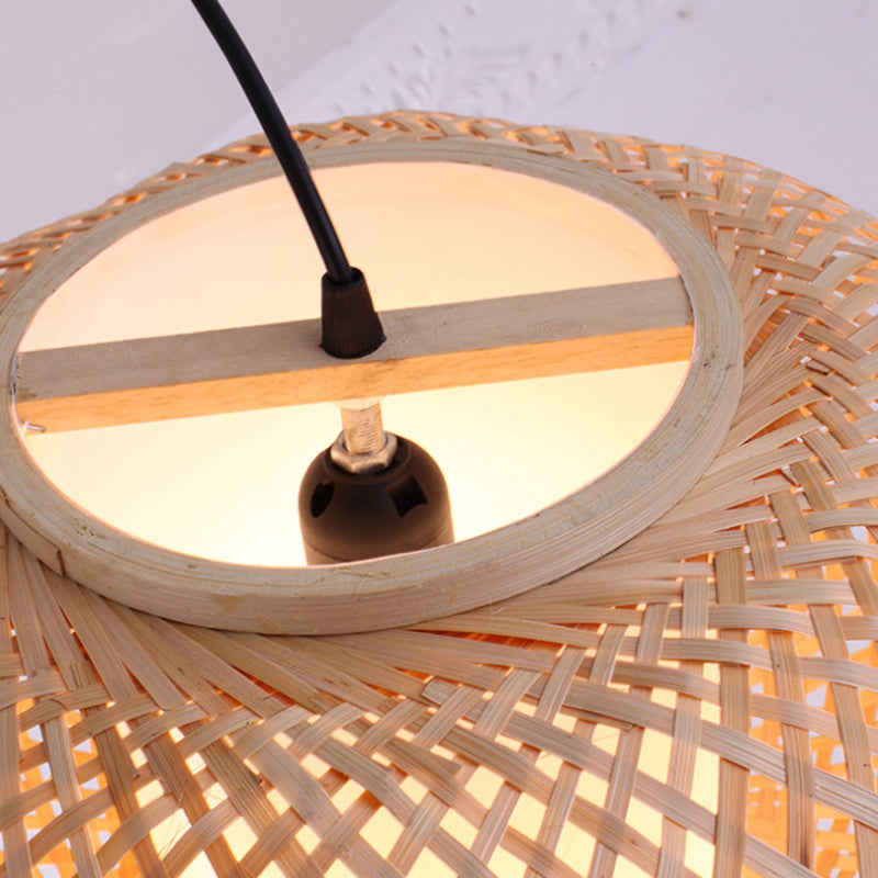 Asian Style Bamboo Pendant Light With Cross Woven Design And Curved Drum Shape For Restaurant