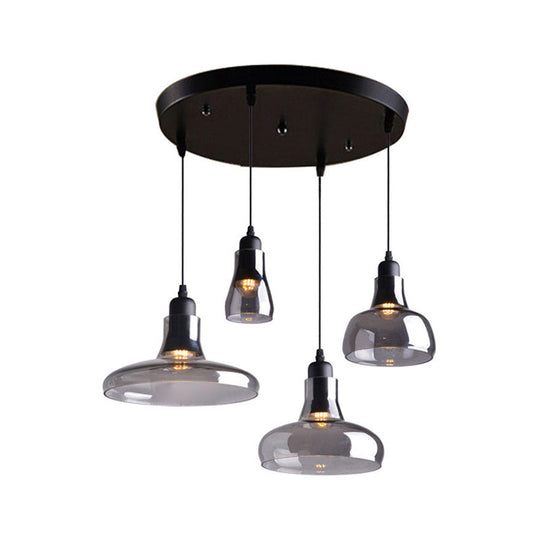 Modern Dining Room Hanging Ceiling Light - 4 Lights Round/Linear Canopy Multi Pendant with Smoked Glass Shades