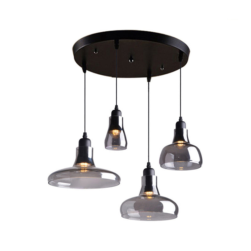 4-Light Round/Linear Canopy Multi Pendant With Smoked Glass Shades - Modern Dining Room Ceiling