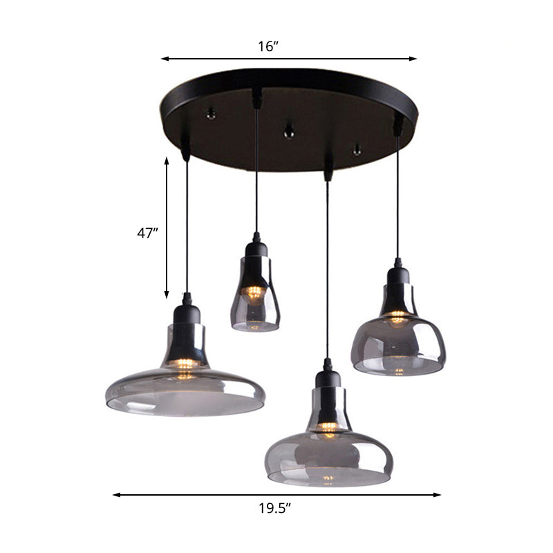 Modern Dining Room Hanging Ceiling Light - 4 Lights Round/Linear Canopy Multi Pendant with Smoked Glass Shades