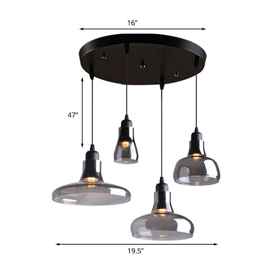 4-Light Round/Linear Canopy Multi Pendant With Smoked Glass Shades - Modern Dining Room Ceiling