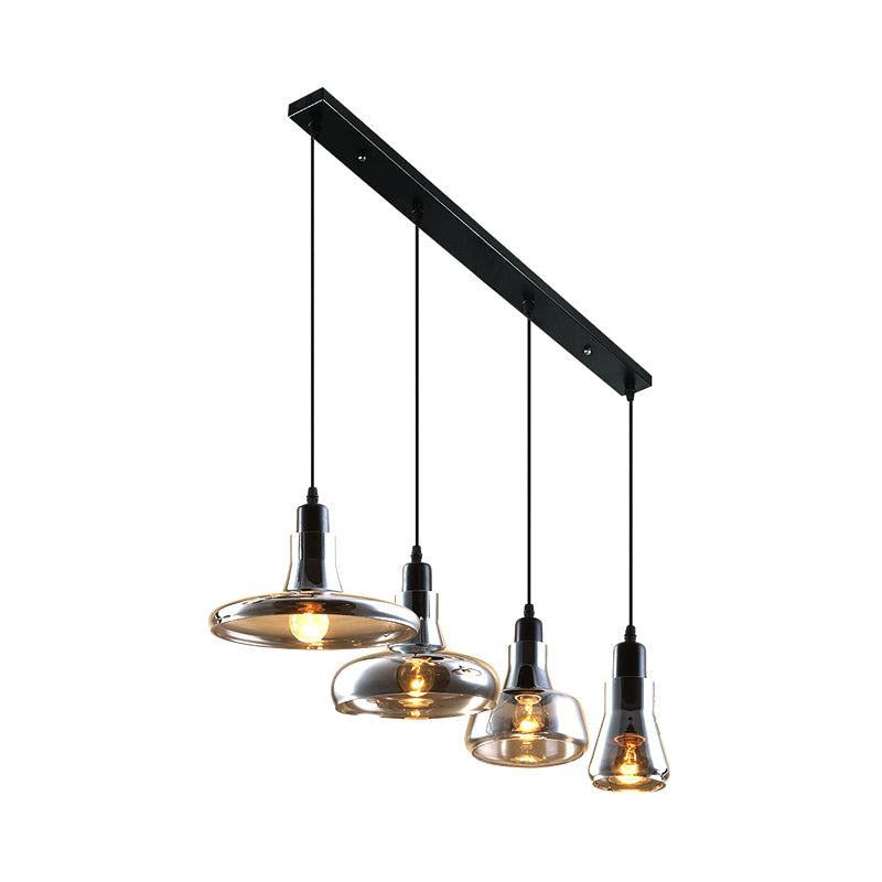 4-Light Round/Linear Canopy Multi Pendant With Smoked Glass Shades - Modern Dining Room Ceiling