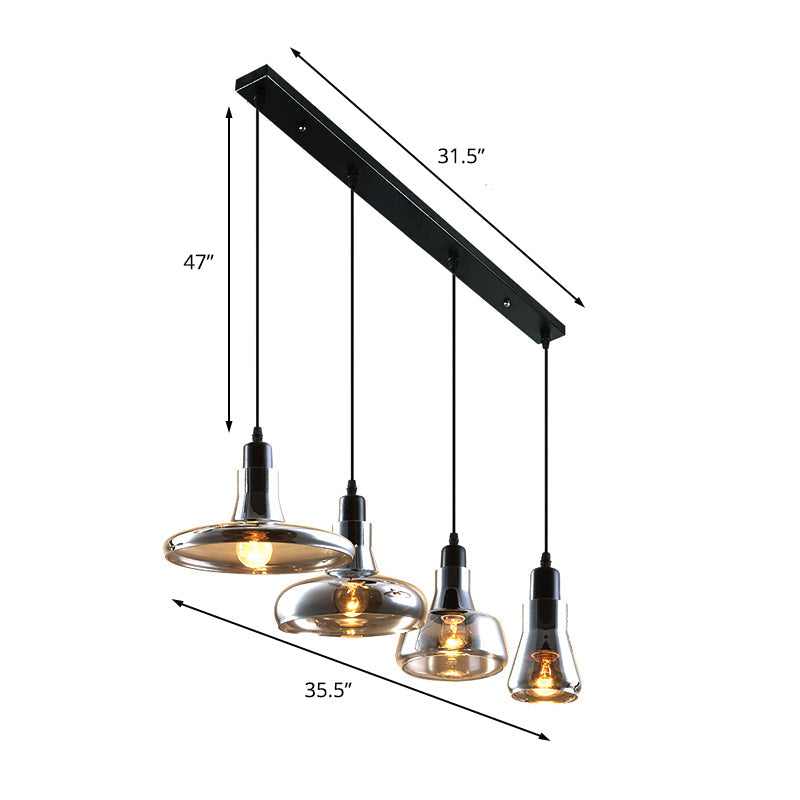 Modern Dining Room Hanging Ceiling Light - 4 Lights Round/Linear Canopy Multi Pendant with Smoked Glass Shades