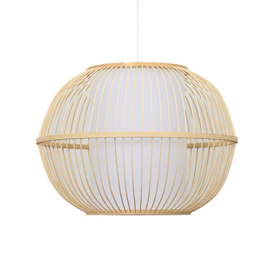 Handmade Asian Style Bamboo Hanging Light Fixture - 12/14 Width 1-Light Beige Suspended Lamp With