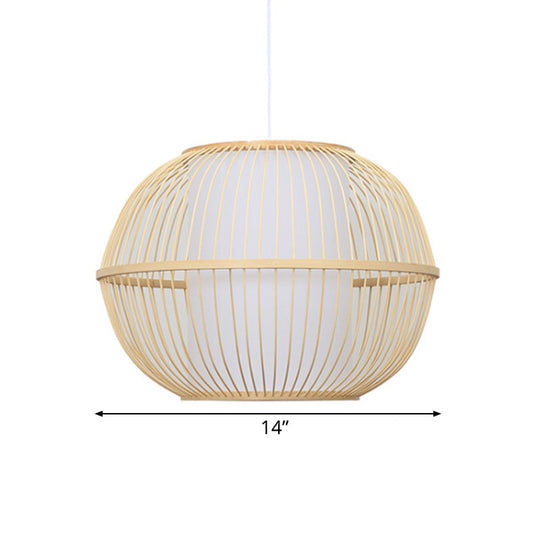 Handmade Asian Style Bamboo Hanging Light Fixture - 12/14 Width 1-Light Beige Suspended Lamp With