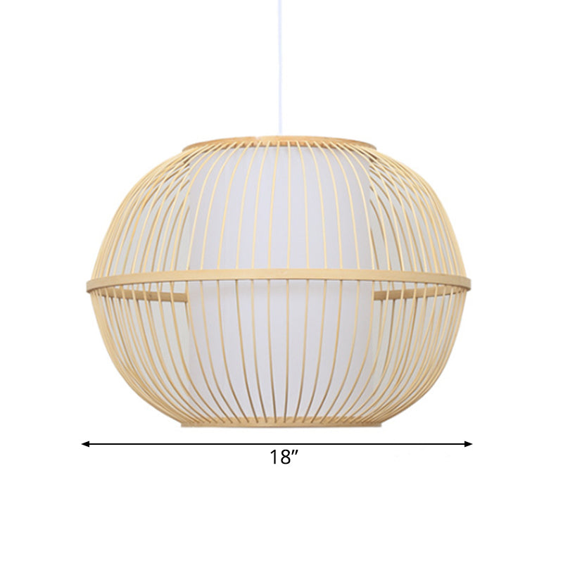 Handmade Asian Style Bamboo Hanging Light Fixture - 12/14 Width 1-Light Beige Suspended Lamp With