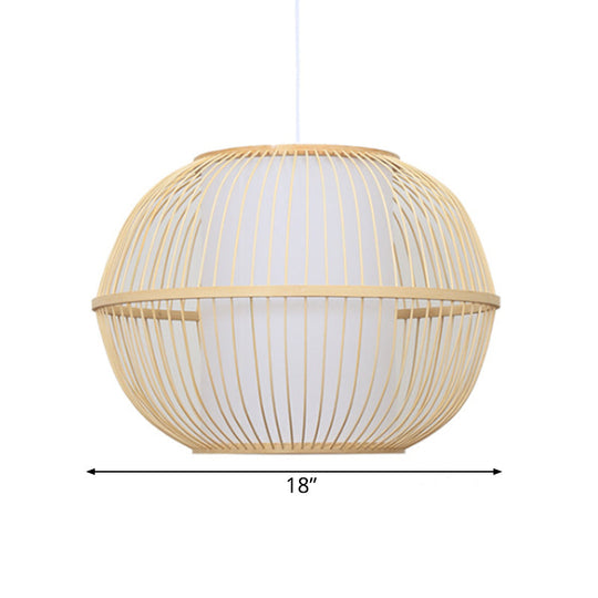 Handmade Asian Style Bamboo Hanging Light Fixture - 12/14 Width 1-Light Beige Suspended Lamp With