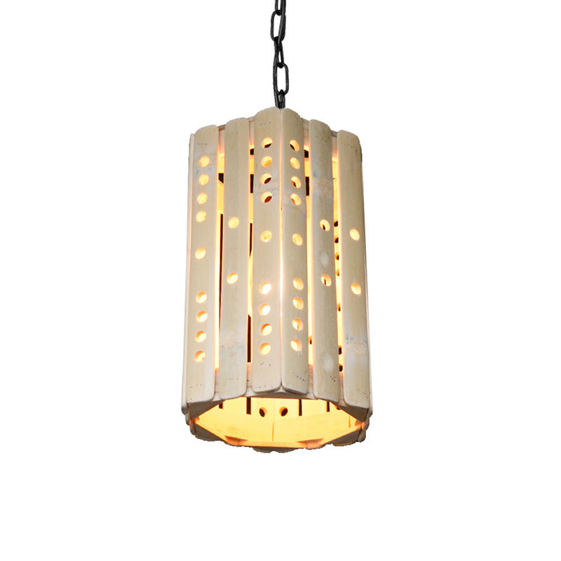 Modern Bamboo Cylinder Suspension Pendant Light - Single Bulb Porch Hanging Lamp in Beige