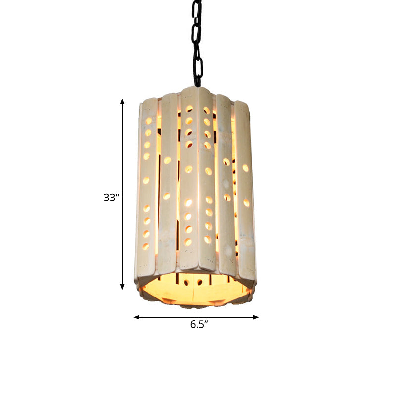 Modern Bamboo Cylinder Suspension Pendant Light - Single Bulb Porch Hanging Lamp in Beige