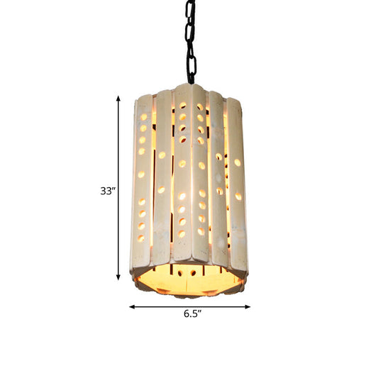 Modern Bamboo Cylinder Suspension Pendant Light - Single Bulb Porch Hanging Lamp in Beige