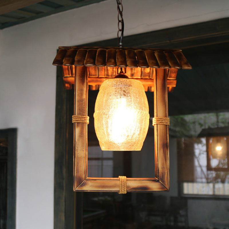 Rustic Bamboo Rectangle Pendant Lamp With Crackle Glass Shade - 1 Bulb Foyer Ceiling Light In Beige