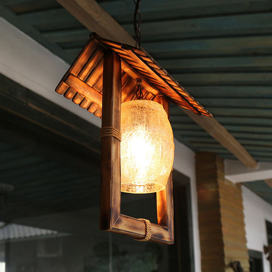 Rustic Bamboo Rectangle Pendant Lamp With Crackle Glass Shade - 1 Bulb Foyer Ceiling Light In Beige