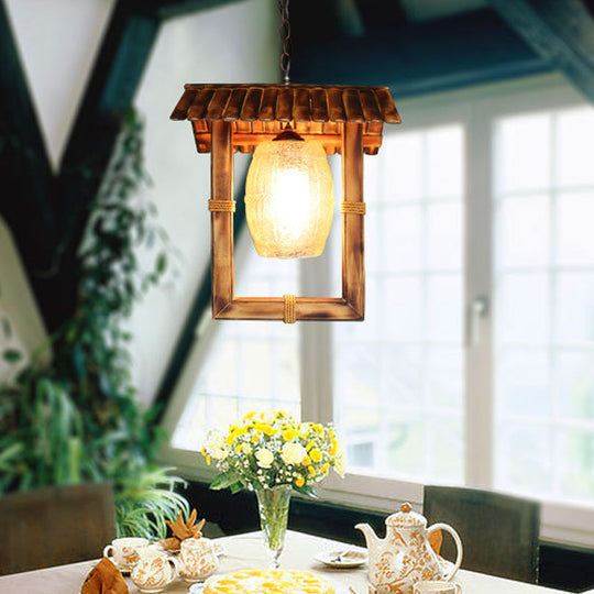 Rustic Bamboo Rectangle Pendant Lamp With Crackle Glass Shade - 1 Bulb Foyer Ceiling Light In Beige