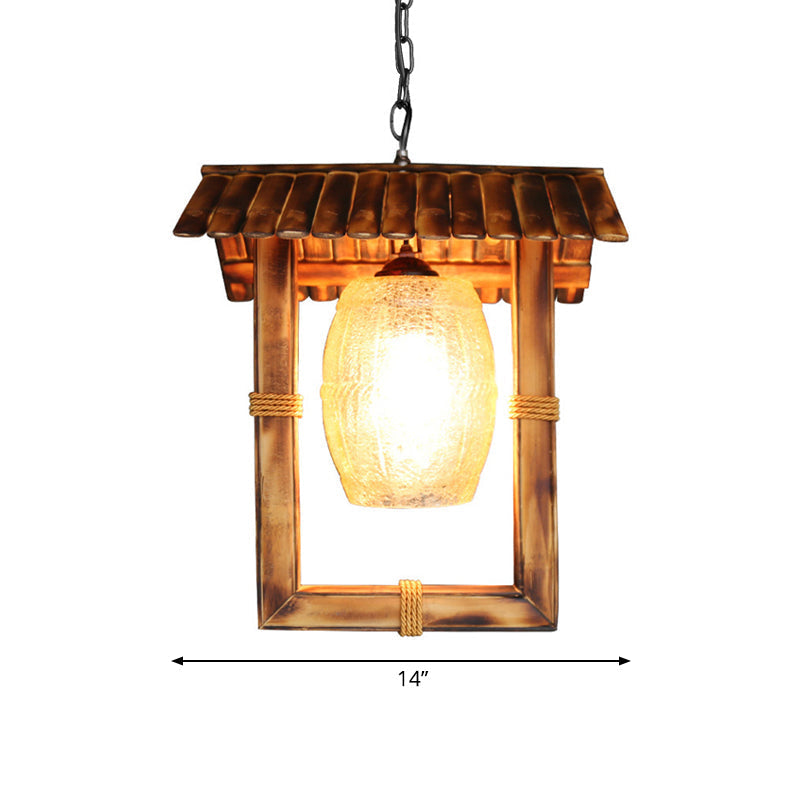 Rustic Bamboo Rectangle Pendant Lamp With Crackle Glass Shade - 1 Bulb Foyer Ceiling Light In Beige