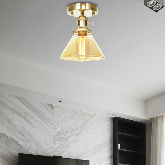 Industrial Brass Semi-Flush Light with Clear/Amber Glass for Living Room - One Light Cone Fixture