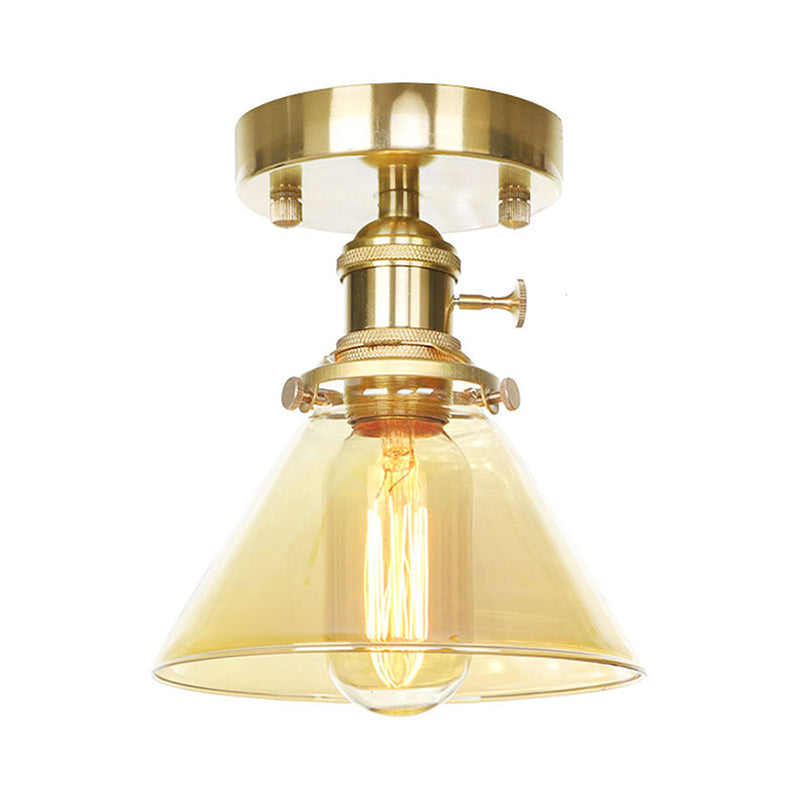 Industrial Brass Semi-Flush Light with Clear/Amber Glass for Living Room - One Light Cone Fixture