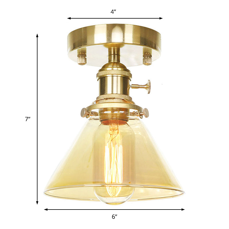 Industrial Brass Semi-Flush Light with Clear/Amber Glass for Living Room - One Light Cone Fixture