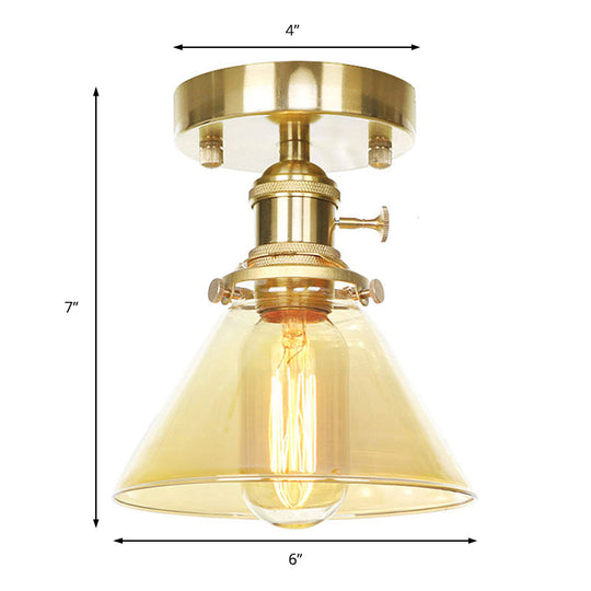 Industrial Brass Semi-Flush Light with Clear/Amber Glass for Living Room - One Light Cone Fixture