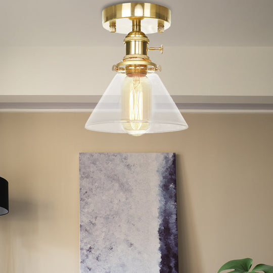 Industrial Brass Semi-Flush Light with Clear/Amber Glass for Living Room - One Light Cone Fixture