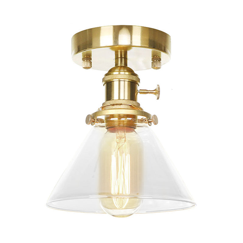 Industrial Brass Semi-Flush Light with Clear/Amber Glass for Living Room - One Light Cone Fixture