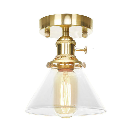 Industrial Brass Semi-Flush Light With Clear/Amber Glass For Living Room - One Cone Fixture