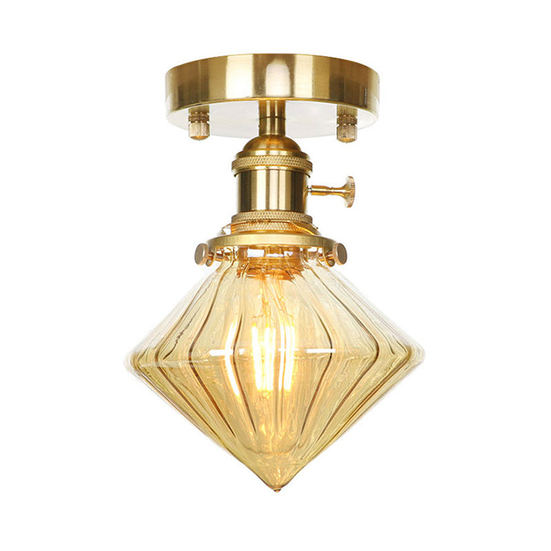 Industrially Styled Gem Shade Semi Flush Light for Living Rooms with Prismatic Glass and Clear/Amber Lamping