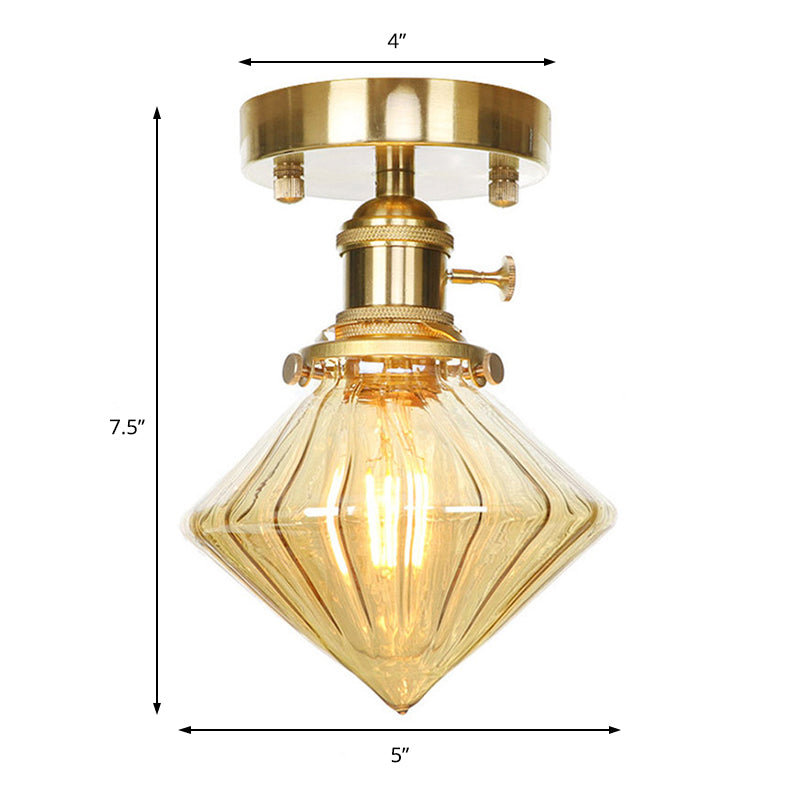 Industrially Styled Gem Shade Semi Flush Light for Living Rooms with Prismatic Glass and Clear/Amber Lamping