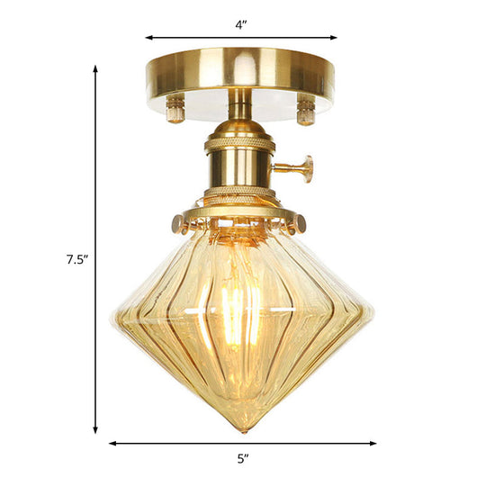 Industrially Styled Gem Shade Semi Flush Light for Living Rooms with Prismatic Glass and Clear/Amber Lamping