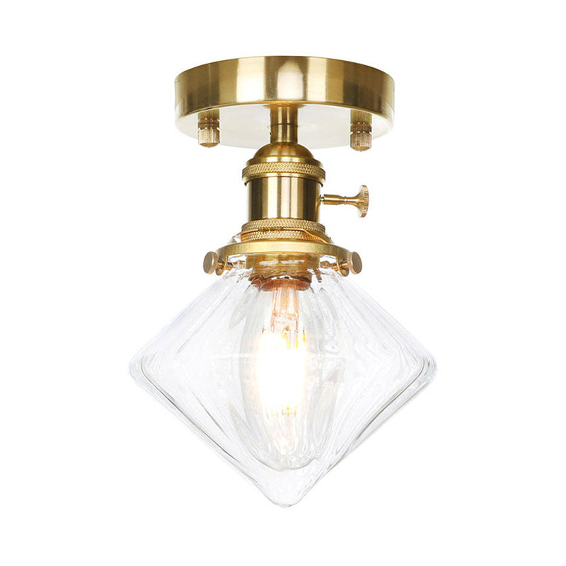 Industrially Styled Gem Shade Semi Flush Light for Living Rooms with Prismatic Glass and Clear/Amber Lamping