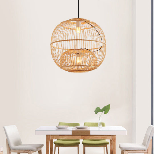 Contemporary Bamboo Pendant Lights - 2-Light Beige Hanging Lamp For Restaurant (14/16 W)