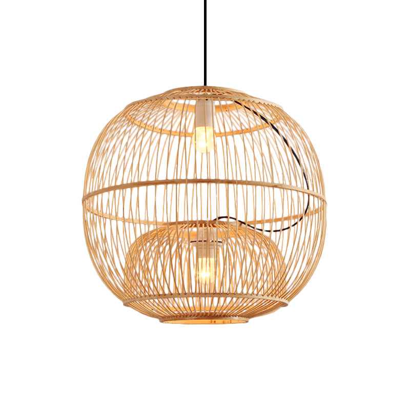 Contemporary Bamboo Pendant Lights - 2-Light Beige Hanging Lamp For Restaurant (14/16 W)