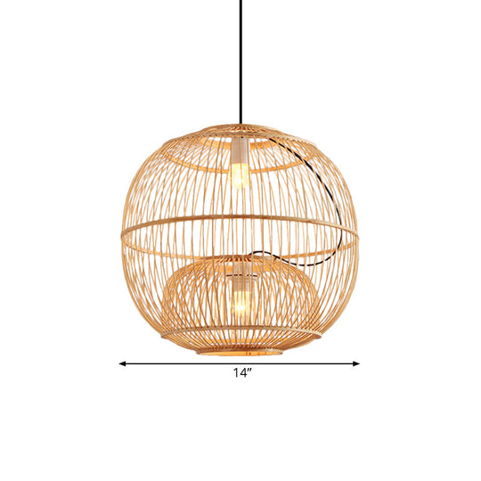 Contemporary Bamboo Pendant Lights - 2-Light Beige Hanging Lamp For Restaurant (14/16 W)