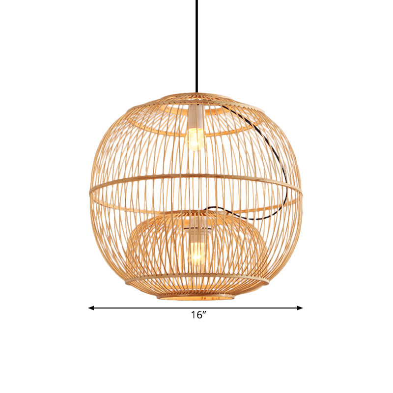 Contemporary Bamboo Pendant Lights - 2-Light Beige Hanging Lamp For Restaurant (14/16 W)